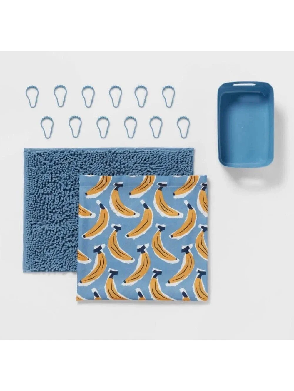 Room Essentials 15pc banana bathroom set shower curtain rug basket blue chenille